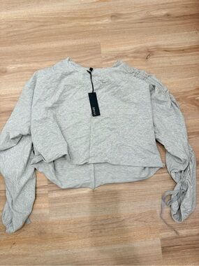 Light Gray Cropped Sweatshirt with Tie-Sleeve Detail